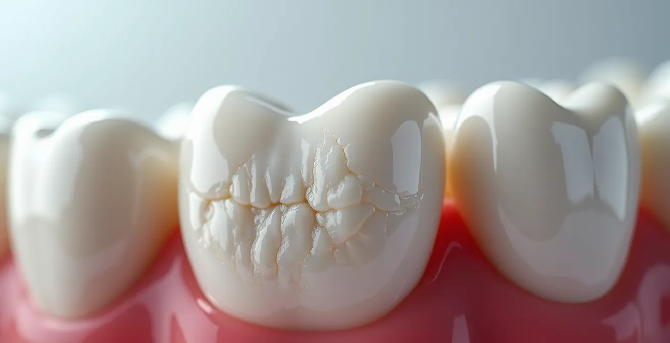 Extreme macro photography of worn tooth enamel showing stress fractures and uneven wear patterns